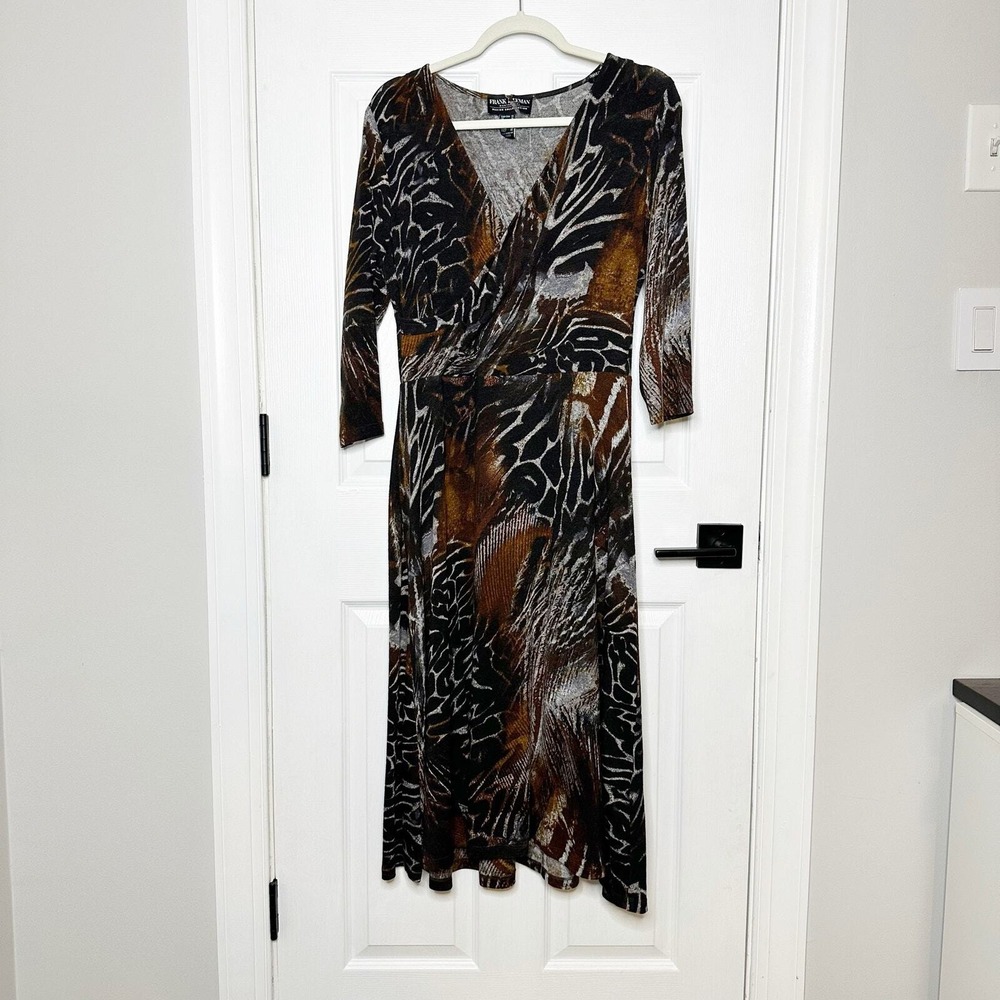 Frank Lyman Faux Wrap Dress Womens 12 Brown Abstract Animal Print Knit